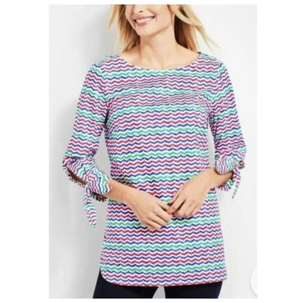Talbots Tunic Top Womens‎ Sz 3X Multicolor Wavy Print 3/4 Sleeve Cuff Tie